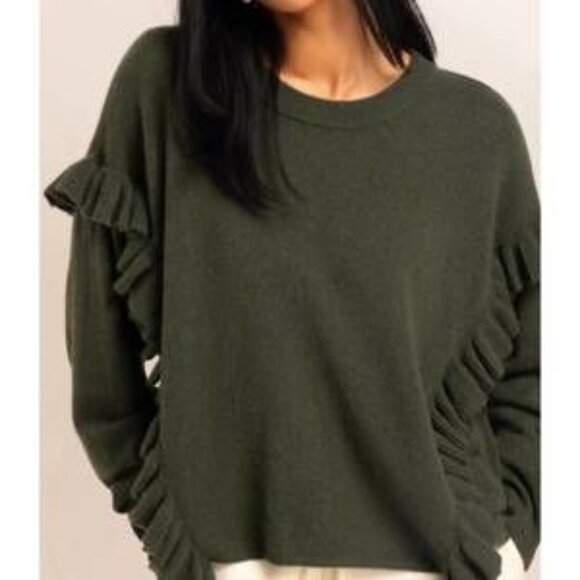 NWT Womens Crush Ribbed Durban Pure Cashmere Ruffle Khaki Green Sweater 1 US/S - Picture 1 of 13